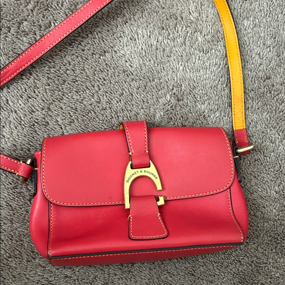 Dooney & Bourke Red Leather purse with Yellow Strap Accent